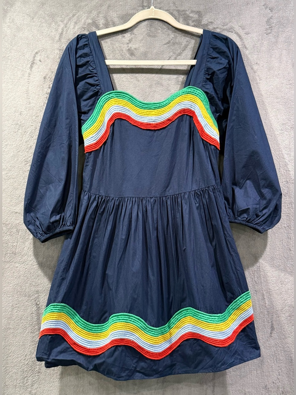 Corey Lynn Calter Ophellia Mini Dress Sea Rainbow Trim Puff Sleeve Size XS